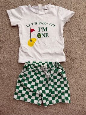 Let’s Par-Tee I’m One Golf Tee Shirt and Green Check Shorts Set